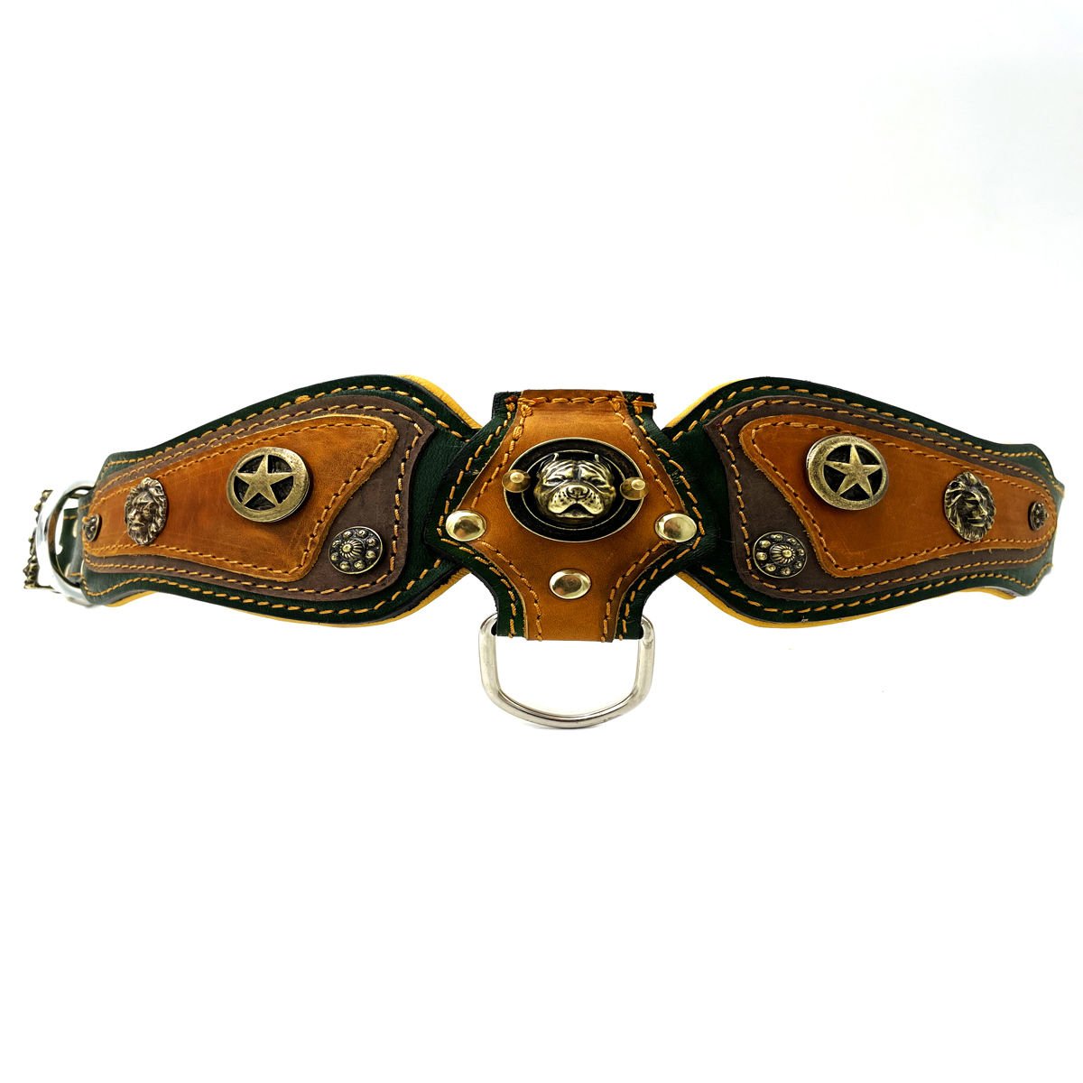 Dark Green-Mustard Pitbull Leather Dog Collar