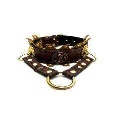 Brown ''Ancient'' Lion Ring Leather Dog Collar