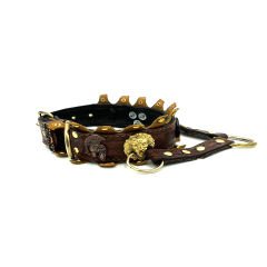 Brown ''Ancient'' Lion Ring Leather Dog Collar