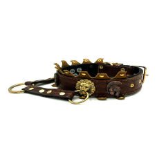 Brown ''Ancient'' Lion Ring Leather Dog Collar