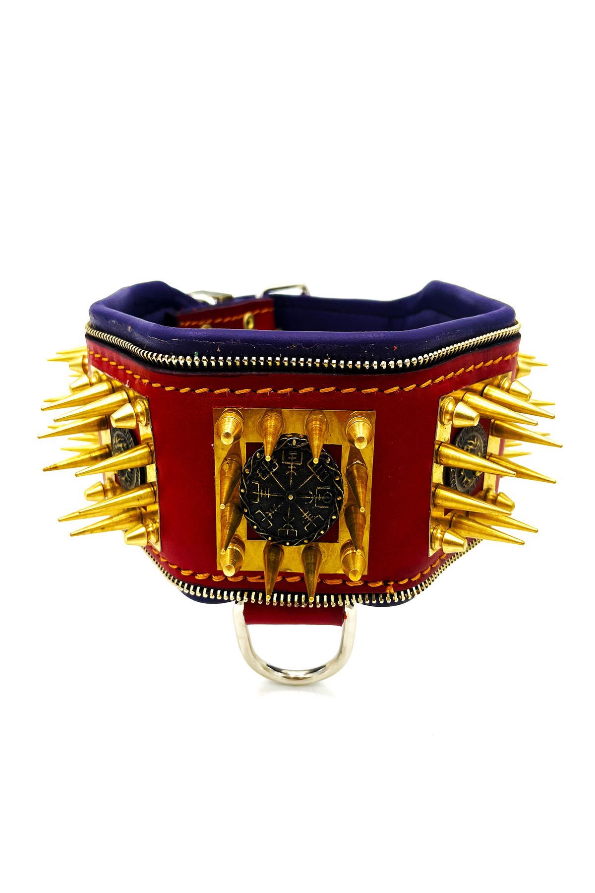 Red ''Trishula'' Spiked Leather Dog Collar