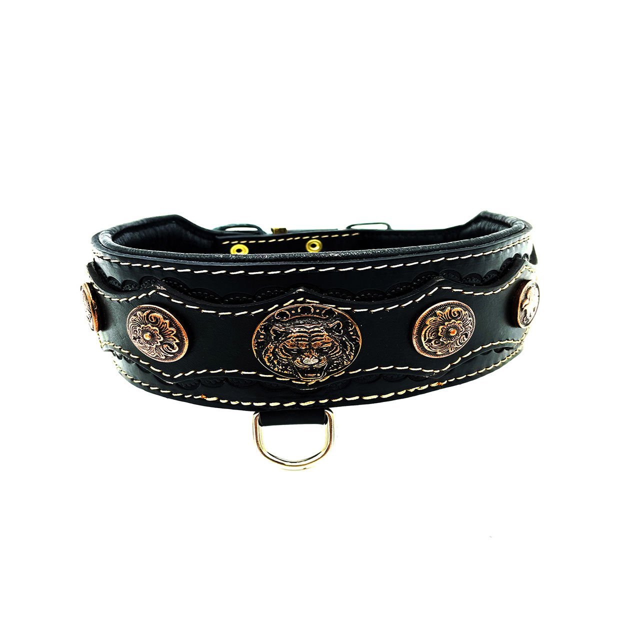 Black ''Ares'' Tiger Head Leather Dog Collar