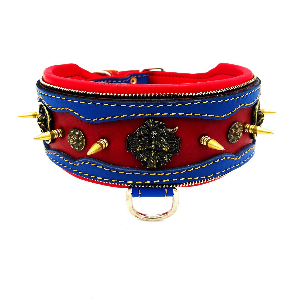 Blue-Red The ''Viking'' Spiked Leather Dog Collar