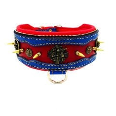 Blue-Red The ''Viking'' Spiked Leather Dog Collar