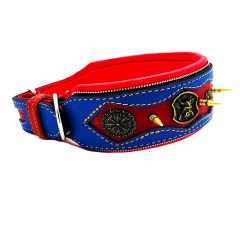 Blue-Red The ''Viking'' Spiked Leather Dog Collar