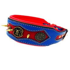 Blue-Red The ''Viking'' Spiked Leather Dog Collar