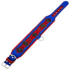 Blue-Red The ''Viking'' Spiked Leather Dog Collar