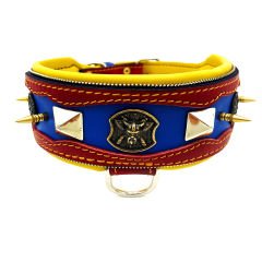 Red-Blue The ''Viking'' Spiked Leather Dog Collar