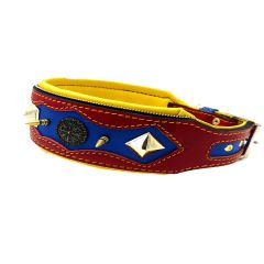 Red-Blue The ''Viking'' Spiked Leather Dog Collar