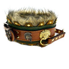 Brown-Dark Green ''Ancient'' Fur Leather Dog Collar