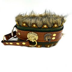 Brown-Dark Green ''Ancient'' Fur Leather Dog Collar