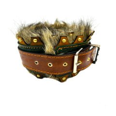 Brown-Dark Green ''Ancient'' Fur Leather Dog Collar