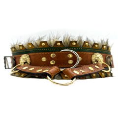 Brown-Dark Green ''Ancient'' Fur Leather Dog Collar
