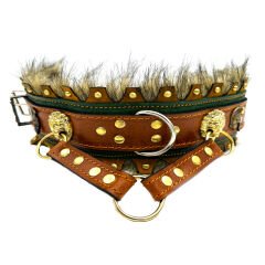 Brown-Dark Green ''Ancient'' Fur Leather Dog Collar