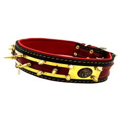 Red ''Cerberus'' Spiked Leather Dog Collar