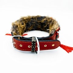 Red ''Yeti'' Bell Fur Leather Dog Collar