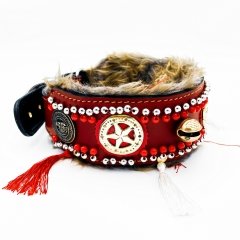 Red ''Yeti'' Bell Fur Leather Dog Collar