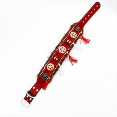 Red ''Yeti'' Bell Fur Leather Dog Collar