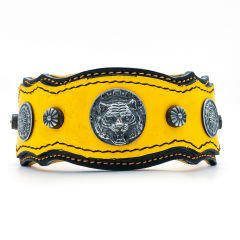Yellow Soft Textured Tiger Head Leather Dog Collar