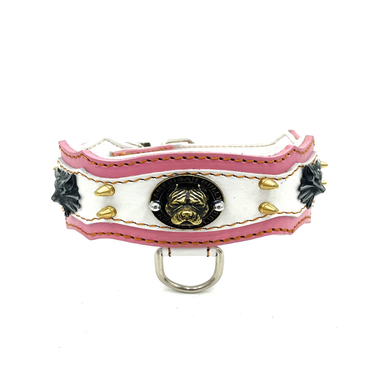 Pink-White ''Dragon Head'' Leather Dog Collar