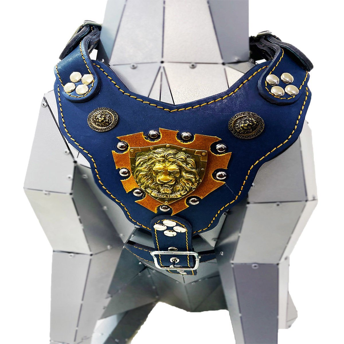 Navy Blue ''Hercules'' Lion Head Leather Dog Harness