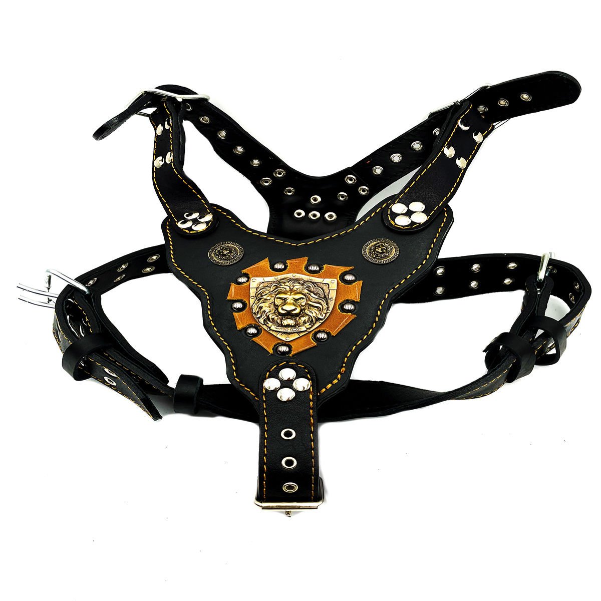 Black ''Hercules'' Lion Head Leather Dog Harness