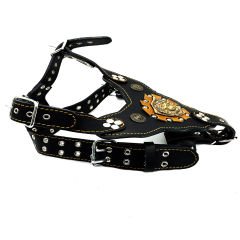 Black ''Hercules'' Lion Head Leather Dog Harness