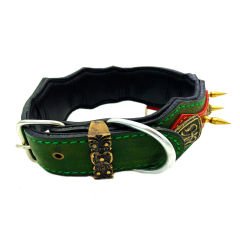 Red-Dark Green ''Athena'' Spiked Leather Dog Collar