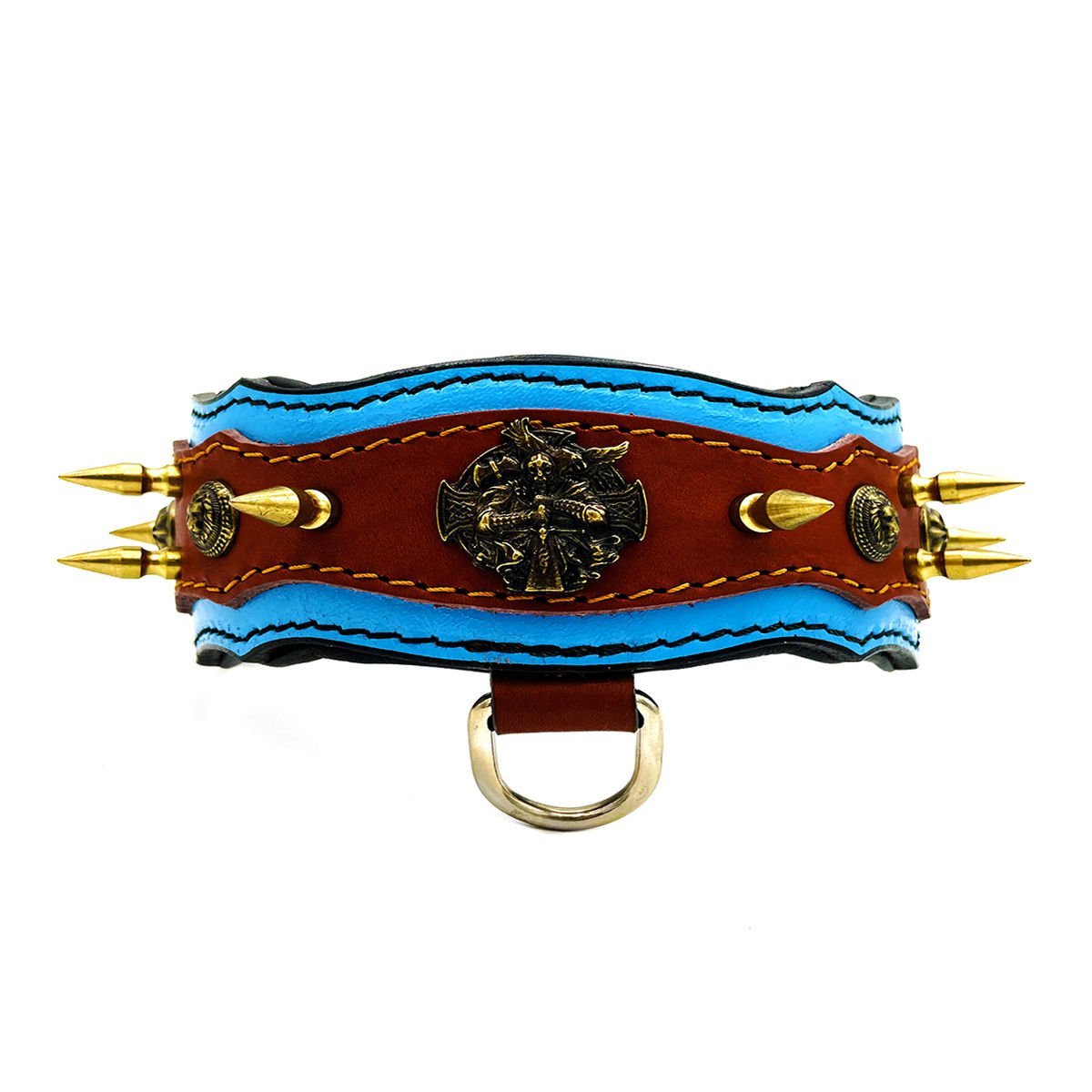 Blue-Brown ''Athena'' Spiked Leather Dog Collar