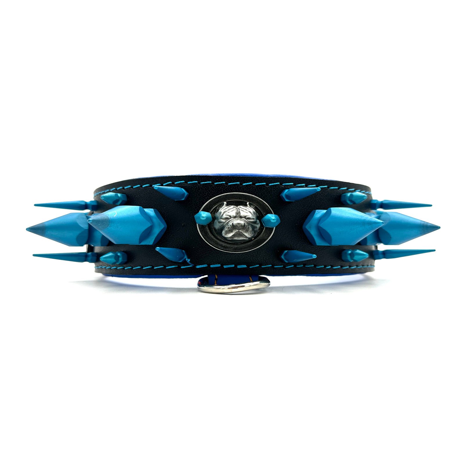 Black-Blue American Bully Head Big Spiked Handmade Leather Dog Collar