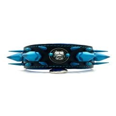 Black-Blue American Bully Head Big Spiked Handmade Leather Dog Collar