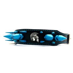 Black-Blue American Bully Head Big Spiked Handmade Leather Dog Collar