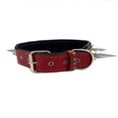 Black-Red Silver Tones Big Spiked Handmade Leather Dog Collar