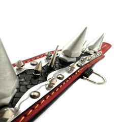 Black-Red Silver Tones Big Spiked Handmade Leather Dog Collar