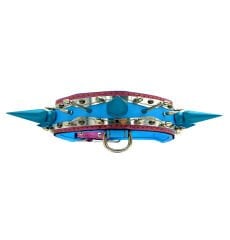 Pink-Blue Special Design Big Spiked Handmade Leather Dog Collar