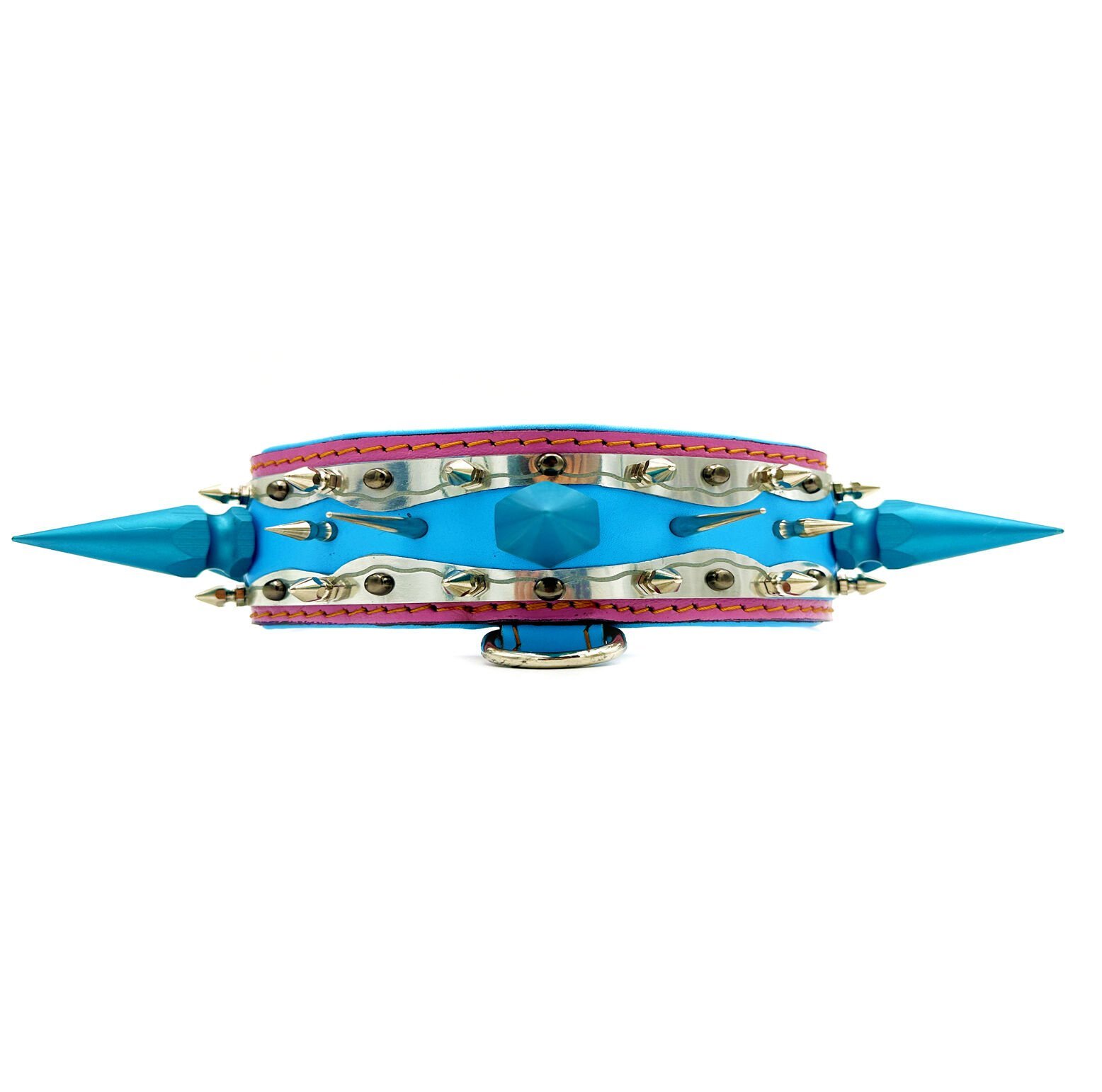 Pink-Blue Special Design Big Spiked Handmade Leather Dog Collar