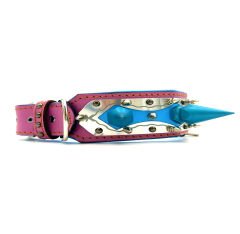 Pink-Blue Special Design Big Spiked Handmade Leather Dog Collar