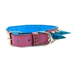 Pink-Blue Special Design Big Spiked Handmade Leather Dog Collar