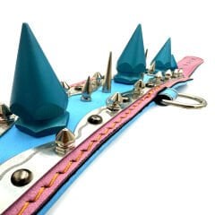 Pink-Blue Special Design Big Spiked Handmade Leather Dog Collar