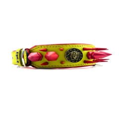 Yellow-Pink Spiked Medusa Head Handmade Leather Dog Collar Necklace