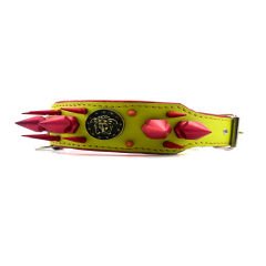 Yellow-Pink Spiked Medusa Head Handmade Leather Dog Collar Necklace