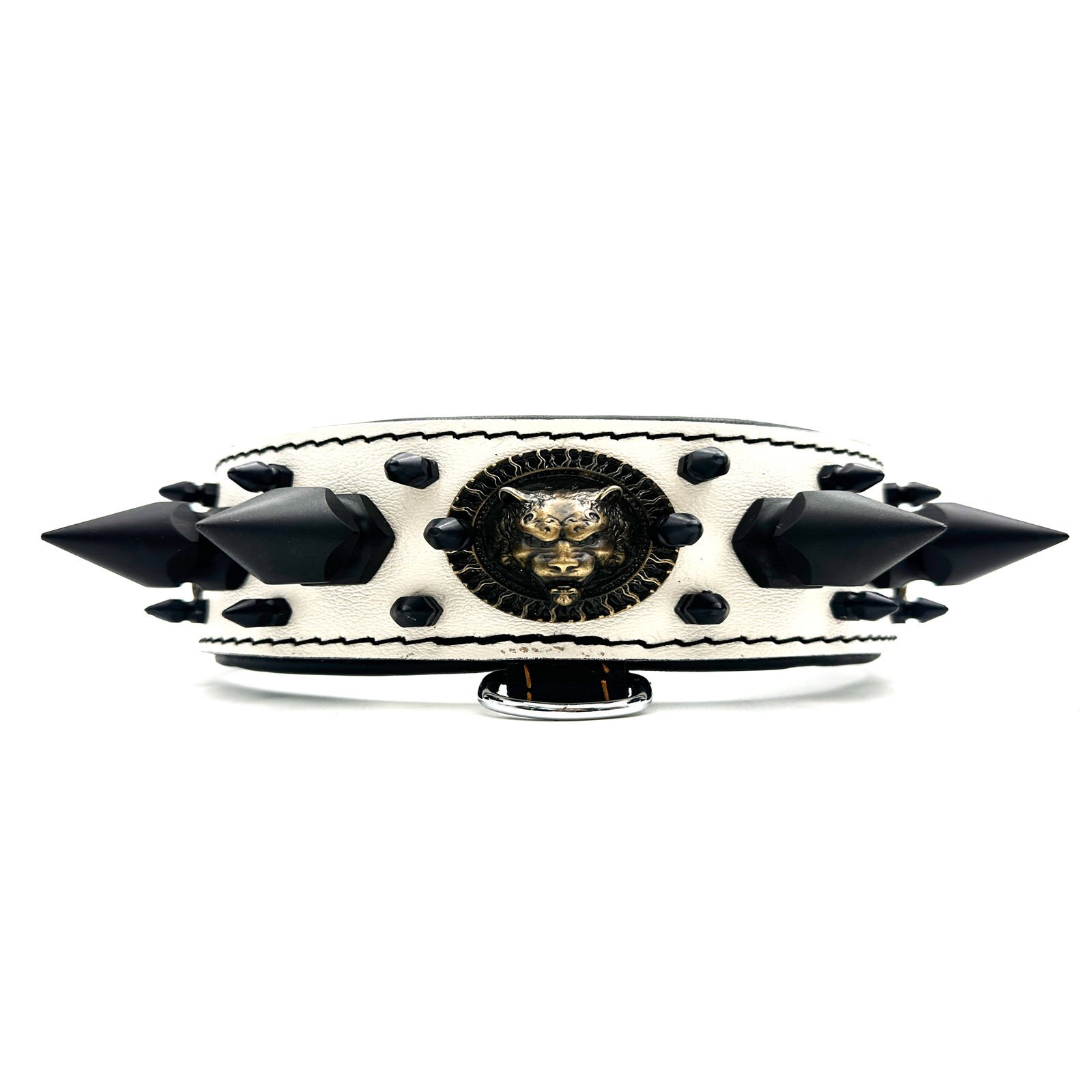 White-Black Bear Head Spiked Handmade Leather Dog Collar Necklace