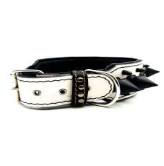 White-Black Bear Head Spiked Handmade Leather Dog Collar Necklace