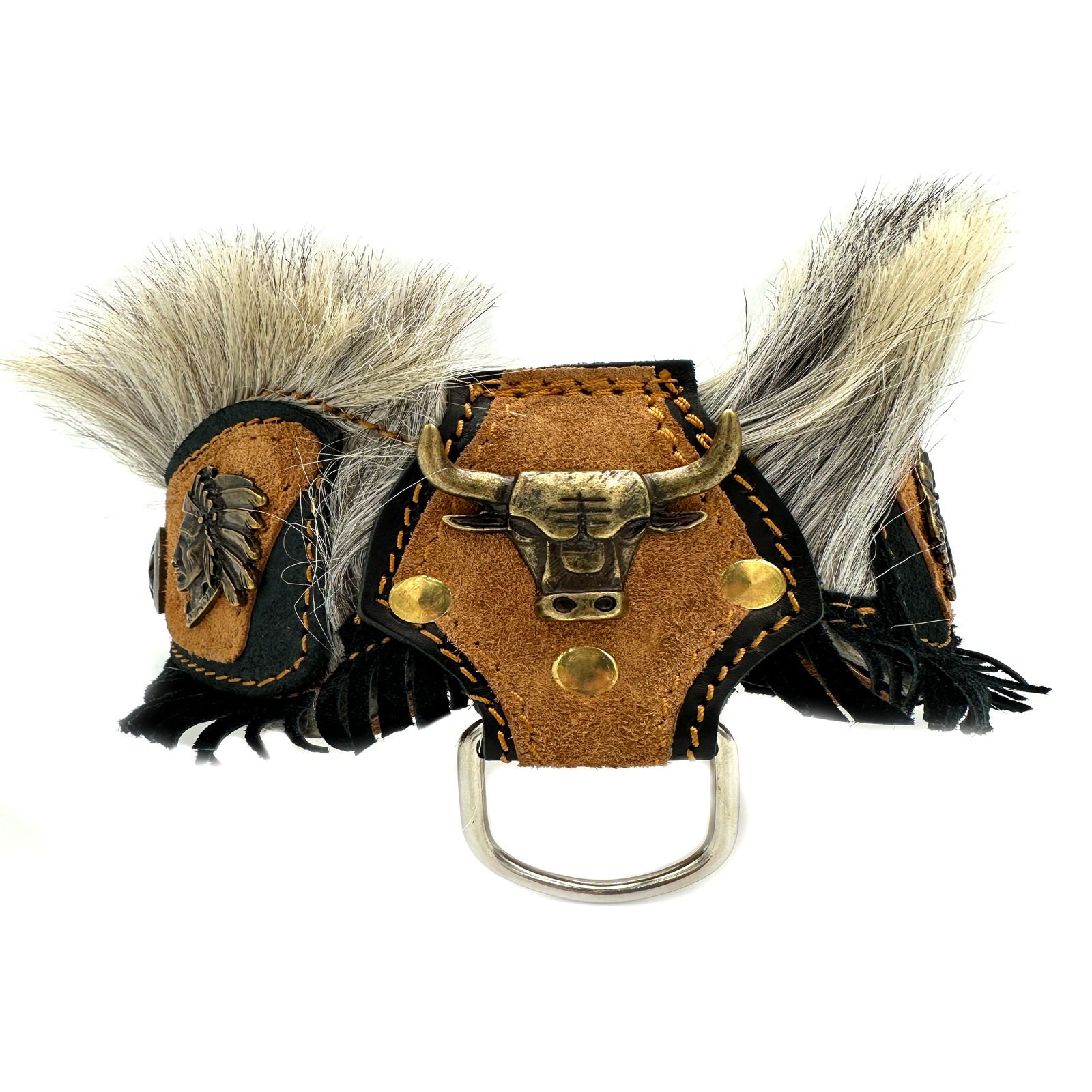 Brown Chicago Bulls Head Fur Suede Leather Handmade Dog Collar