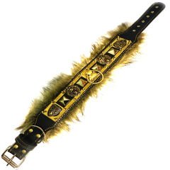 Black-Gold Tones Brass Casting Ring Lion Head Handmade Fur Leather Dog Collar