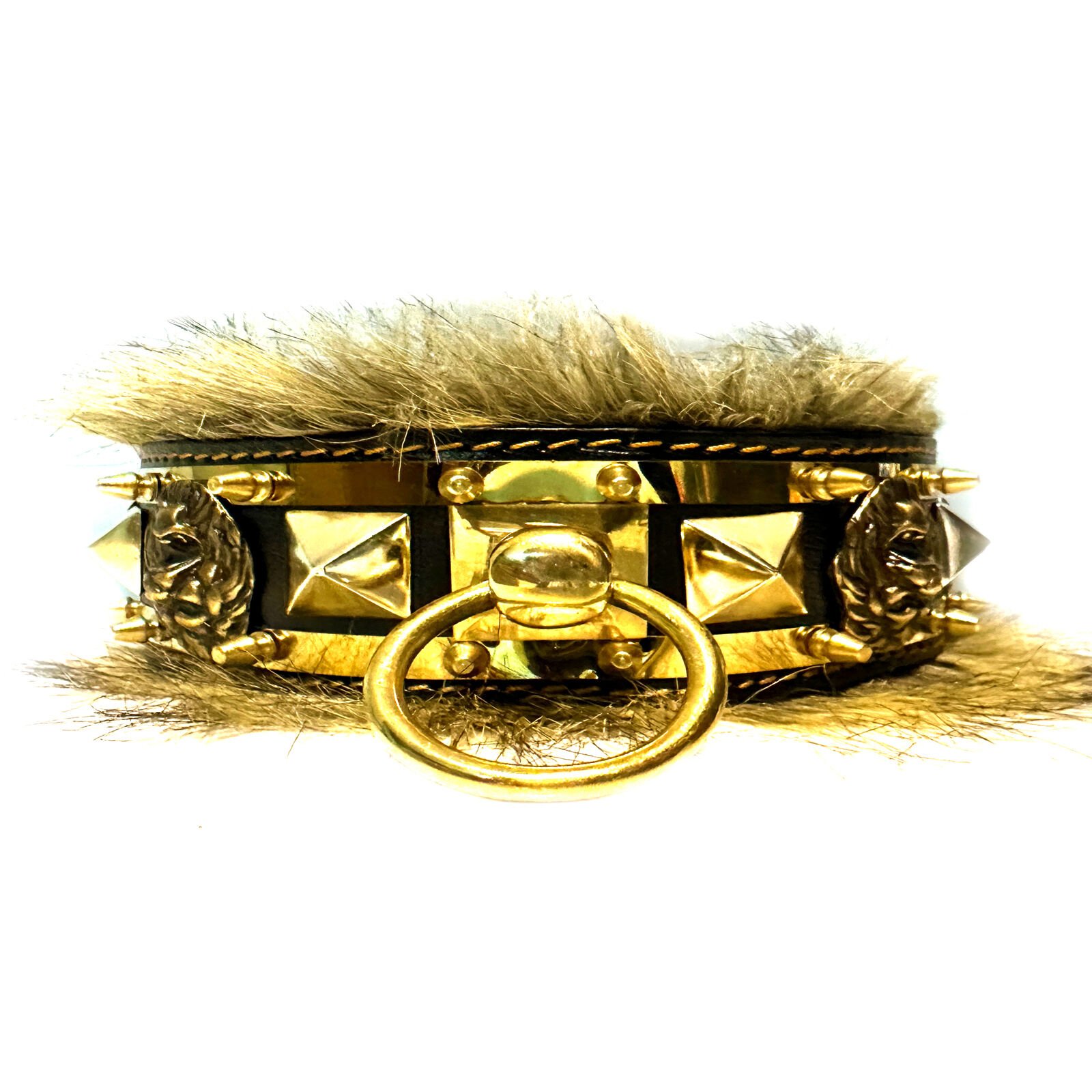 Black-Gold Tones Brass Casting Ring Lion Head Handmade Fur Leather Dog Collar