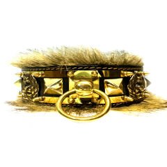 Black-Gold Tones Brass Casting Ring Lion Head Handmade Fur Leather Dog Collar
