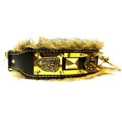 Black-Gold Tones Brass Casting Ring Lion Head Handmade Fur Leather Dog Collar