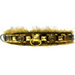 Black-Gold Tones Brass Casting Ring Lion Head Handmade Fur Leather Dog Collar