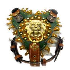 Green Luxury Lion Ring Handmade Fur Leather Dog Harness